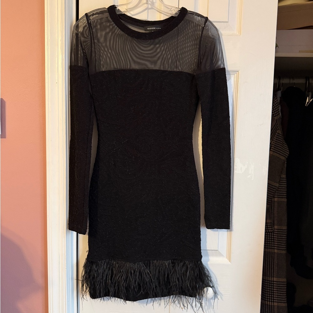 WAGGON PARIS Elegant Black Sheer Feathered Trim Dress SZ SMALL
